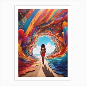 Girl Walking Through A Colorful Tunnel 1 Art Print