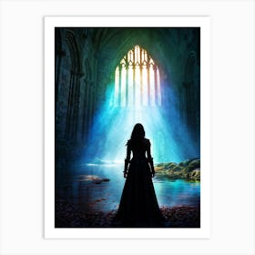 Gothic Woman Approaches A Sinister Medieval Castle Sunlight Seeping Through To Cast A Kaleidoscope Art Print