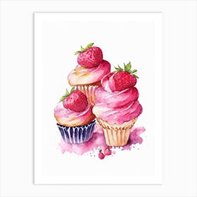 Strawberry Cupcakes, Dessert, Food Watercolour 3 Art Print