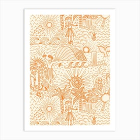 Hawaiian Toile Polynesian Hula Dance Tropical Landscape Tangerine Orange Cream White Art Print