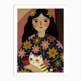 Mexican Woman Girl with Cat, Flower Dress, White Cat, Red Cheeks Art Print