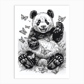 Giant Panda Cub Playing With Butterflies Ink Illustration 4 Art Print