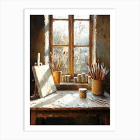 Vintage Artist S Studio With Paintbrushes And Easel – Rustic Creative Space Art Print Art Print