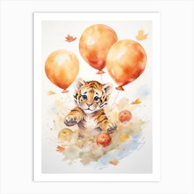 Tiger Flying With Autumn Fall Pumpkins And Balloons Watercolour Nursery 1 Art Print