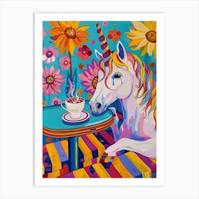 Floral Fauvism Style Unicorn Drinking Coffee 1 Art Print