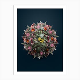 Vintage Laurustinus Flower Wreath on Teal Blue Art Print