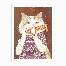 Cute White Cat Pizza Lover Folk Illustration 3 Art Print