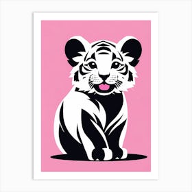 Playful tiger cub On Solid pink Background, modern animal art, baby tiger Art Print