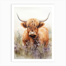 Grassy Highland Cow Watercolour 3 Art Print