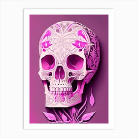 Skull With Abstract Elements 1 Pink Line Drawing Art Print