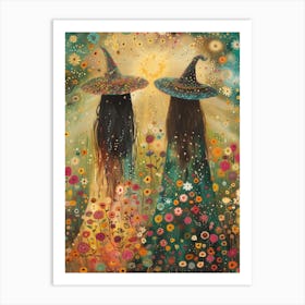 Best Friend Witches Watch the Summer Solstice | Pagan Litha Art | Colorful Witch Print | Botanical Green Witchcraft | Flowers Sunshine Beautiful Art Print