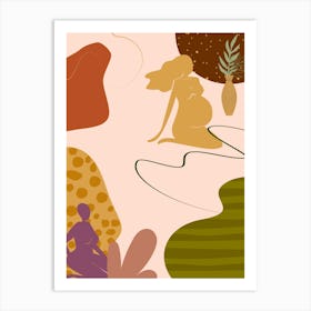 Pregnant Woman In A Garden. Woman and Desert - boho travel pastel vector minimalist Art Print