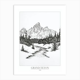 Grand Teton Usa Line Drawing 4 Poster Art Print