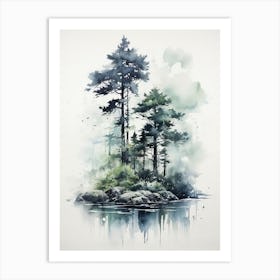 Island With Trees Watercolor, Japanese Brush Painting, Ukiyo E, Minimal 1 Art Print