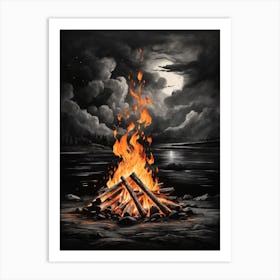 Flames Of A Bonfire Illuminating The Dark Night Art Print
