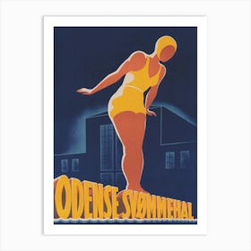 Odense Denmark Swimming Pool, Swimmer, Vintage Travel Poster Art Print