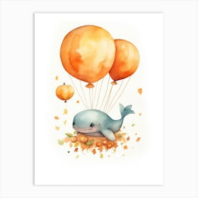 Whale Flying With Autumn Fall Pumpkins And Balloons Watercolour Nursery 4 Art Print