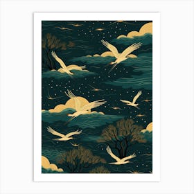 Seamless Pattern With Cranes Art Print