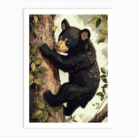 American Black Bear Cub Climbing A Tree Storybook Illustration 4 Art Print