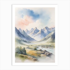 Watercolor Landscape With Mountains Art Print