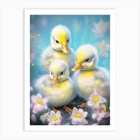 Cute Duckling In The Pond At Night Illustration 1 Art Print