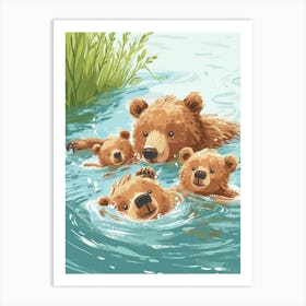 Brown Bear Family Swimming In A River Storybook Illustration 3 Art Print