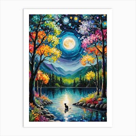 Magical Life - Beautiful Rainbow Mosiac of Whimsical Black Cat Watching the Full Moon by the Lake Whimsy Kitty Art for Cat Lover, Cat Lady, Chakra Pride Pagan Witch Colorful HD Art Print