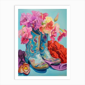 Oil Painting Of Pink And Red Flowers And Cowboy Boots, Oil Style 7 Art Print