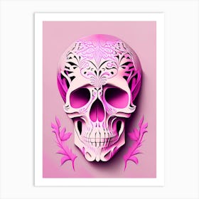 Skull With Abstract Elements 2 Pink Line Drawing Art Print