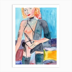 Vulgar - Anton Maliar woman female nude erotic lingerie watercolor teal yellow figurative bedroom Art Print