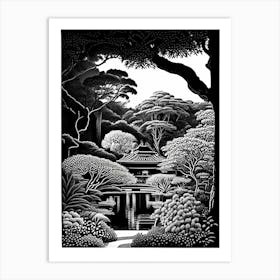 Shinjuku Gyoen National Garden, 1, Japan Linocut Black And White Vintage Art Print