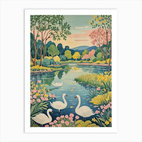 Swans By The Pond Art Print