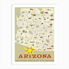 Arizona Map, Vintage Travel Poster Art Print