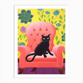 Cute Black Cat Sitting In Pink Armchair Art Print