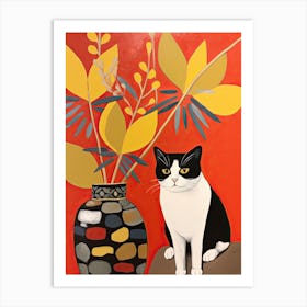 Daisy Flower Vase And A Cat, A Painting In The Style Of Matisse 2 Art Print