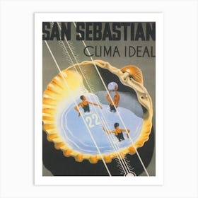 San Sebastian Spain, Whimsical Swimming Pool in Clam Shell, Vintage Travel Poster Art Print