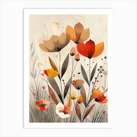 Flowers In Beige, Brown And White Tones, Using Simple Shapes In A Minimalist And Elegant 19 Art Print