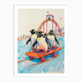 Penguins On A Skateboard Art Print