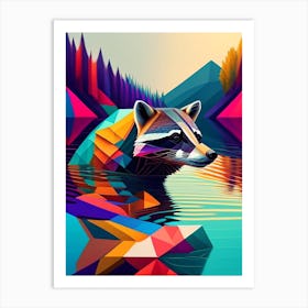 Raccoon Swimming In River Modern Geometric Art Print