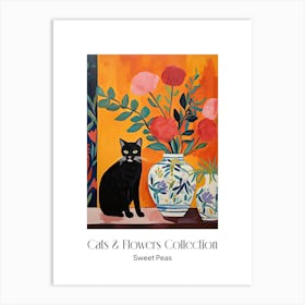 Cats & Flowers Collection Sweet Pea Flower Vase And A Cat, A Painting In The Style Of Matisse 2 Art Print