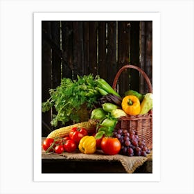 Assorted Vegetables And Fruits From A Fresh Farm Harvest Arranged In A Rustic Wicker Basket Overfl (5) Art Print