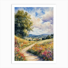 A Walk in the English Countryside Vibrant Summer Meadow Art Print Sunny Floral Watercolor Landscape by Artist Lyra O'Brien Art Print