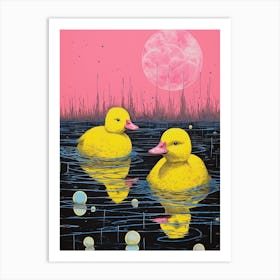 Colourful Duckling Linocut Style Pattern 4 Art Print