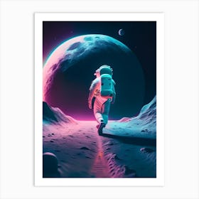 Astronaut Walking On Moon Neon Nights 2 Art Print