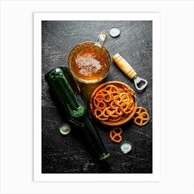 Beer with snacks pretzels — Food kitchen poster/blackboard, photo art Art Print