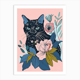 Cute Russian Blue Cat With Flowers Illustration 2 Art Print