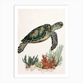 Minimalist Coral Sea Turtle Illustration Art Print