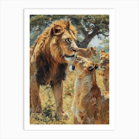 African Lion Interaction With Other Wildlife Acrylic Painting 1 Art Print