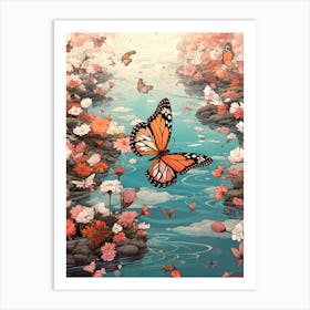 Butterflies At Sunset By The River Japanese Style Painting 1 Art Print