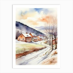 Watercolor Of A Winter Village Art Print